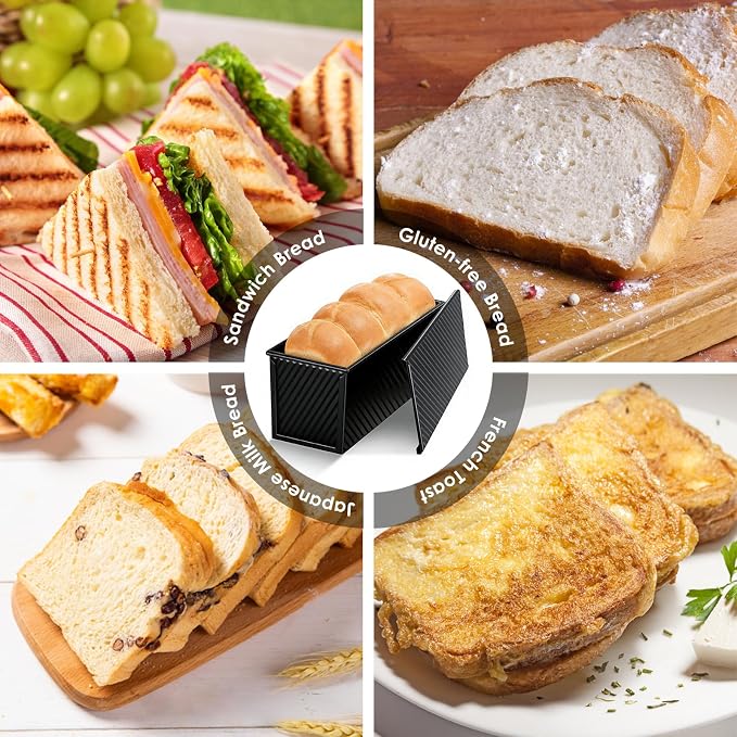 Saiveina 【5 Bonus Heart Shaped Cake Pans 】 Pullman Loaf Pan with Lid, 1 lb Bread Loaf Pan Non-Stick Carbon Steel, Square Bakeware for Sandwich, Shokupan, Pain de Mie, Sourdough, Toast, Black