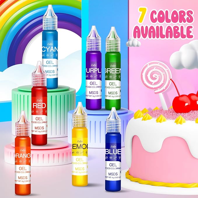 Gel Food Coloring - Rainbow Edible Gel Food Color Dye for Baking, Cake Decorating, Royal Icing, Cookie, Fondant, Macaron - 7 x 15g Food Grade Concentrated Food Coloring for Drinks, DIY Crafts