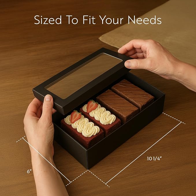 Restaurantware Cater Tek 10.2 x 6.1 x 3.2 Inch Baked Goods Boxes 100 Greaseproof Pastry Boxes - Window Lids Insert Tab Lock Black Paper Catering Boxes Easy Assembly For Charcuterie Or Cupcakes