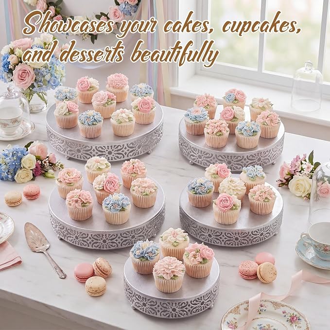 Wenqik 5 Pcs Metal Silver Cake Stand, 8" 10" 12" 14" 16" Large Round Cupcake Stand Dessert Table Display Set Golden Cake Holder for Wedding Birthday Party Bridal Shower Anniversary Table Decoration