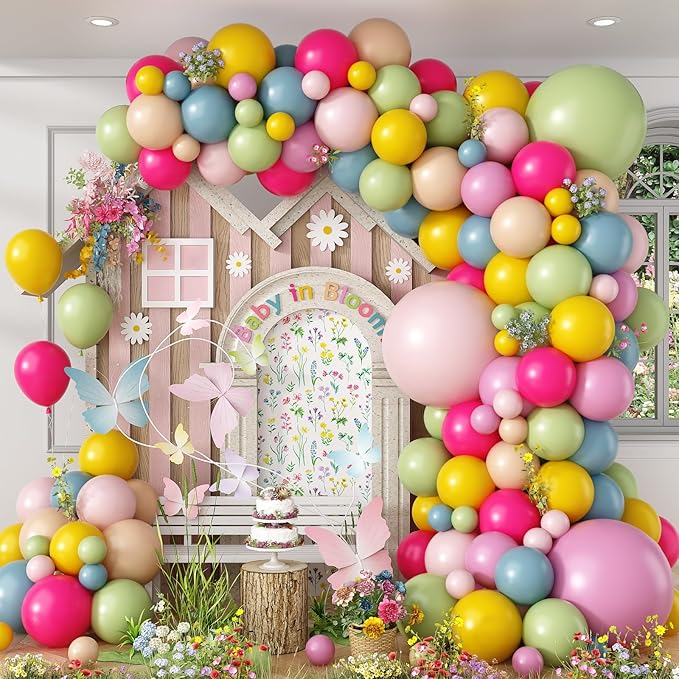 Spring Balloons Garland Arch Kit, 122Pcs Flower Pink Green Yellow Balloons, Purple Blue Hot Pink Beige Balloons For Boho Modern Wildflower Shower Baby In Bloom Birthday Spring Garden Party Decorations