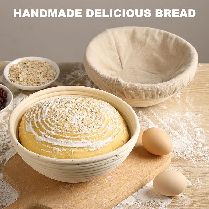Bread Proofing Baskets Set of 2 10 inch Round Dough Proofing Bowls W/Liners Perfect for Home Sourdough Bakers Baking (10Inch, Round)