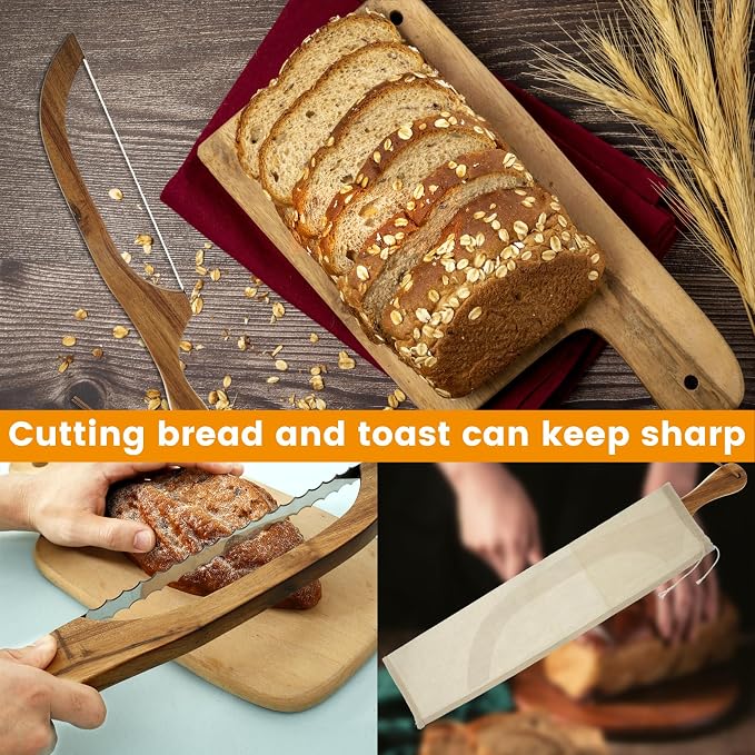 2 Pack Wooden Bread Bow Knife Set,Durable High Carbon Steel Cutting Blade,Multipurpose Slicer for Sourdough, Baguette,Cheese and Fruit,Comes with Screwdriver,Covers & Storage Pouches
