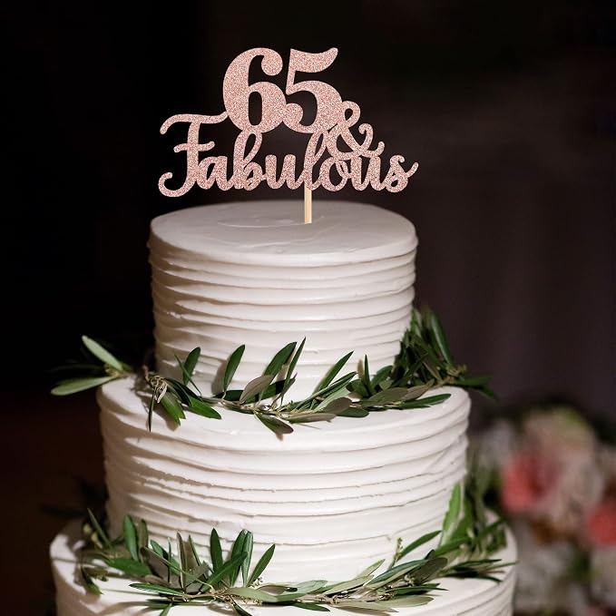 1 PCS 65 & Fabulous Cake Topper Glitter Sixty Five and Fabulous Cake Toppers Happy 65th Birthday Cake Pick for 65th Wedding Anniversary Birthday Party Cake Decorations Supplies Rose Gold
