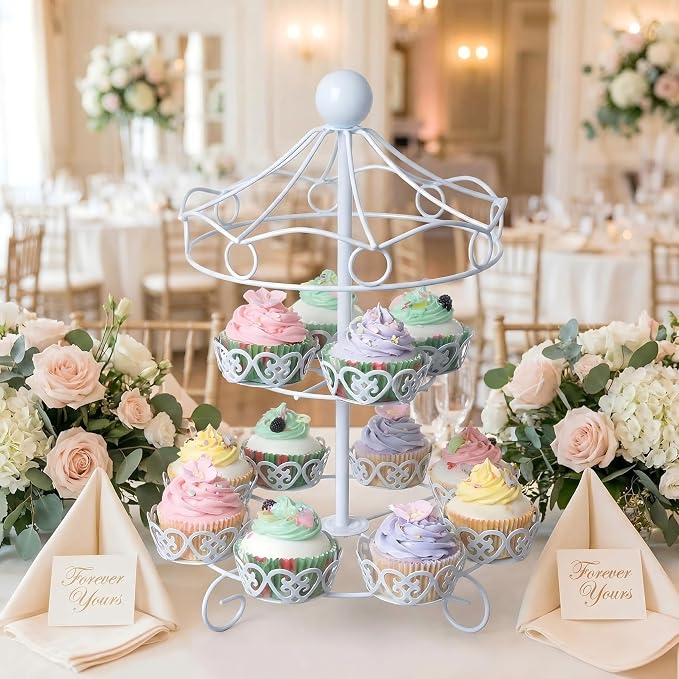 ASkinds Carousel Cupcake Stand Dessert Serving Tray, 12-Cups Iron Cake Display Rack Cupcake Stand for Carnival and Circus Theme Party Wedding Party Furnishing Accessories (White)