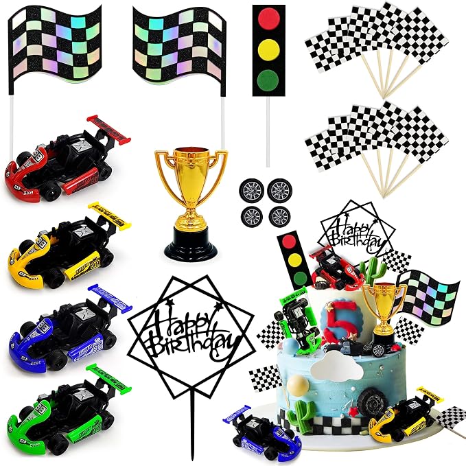Racing Car Cake Decoration Car Cake Topper Happy birthday Card Inserted for Racing Theme Birthday Supplies Race Car Party Favors