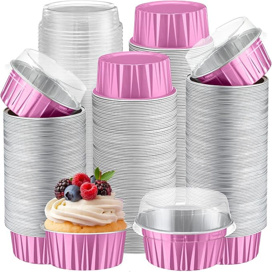 Gejoy 400 Pcs Aluminum Foil Baking Cups with Lids 5 oz Disposable Ramekins Mini Cake Pans Creme Brulee Cupcake Liners Muffin Dessert Container for Wedding Birthday Party (Classic,Dark Pink)