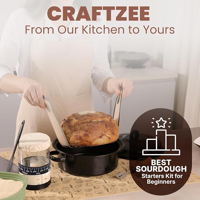 CraftZee Super All-Inclusive 𝗣𝗥𝗘𝗠𝗜𝗨𝗠 Sourdough Starter Kit with Pot - Sourdough Bread Baking Supplies, Scale, Oval & Round Baking Slings, 4 proofing Baskets, Bowl, Timer, Beginner Guide Recipes