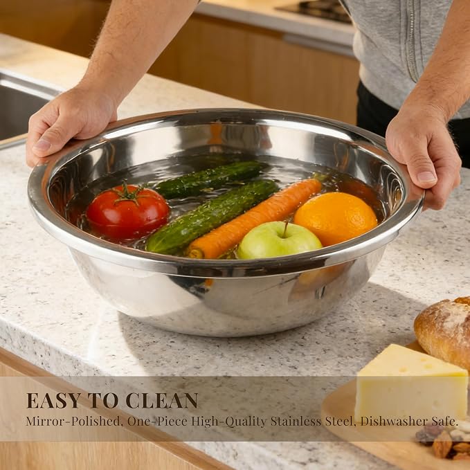 Mixing Bowls Set of 3, Stainless Steel, 7.9, 10.2 and 14.2 Inch | Three stainless steel bowls in 7.9, 10.2 and 14.2 inch sizes for baking, dough, salads and everyday kitchen prep