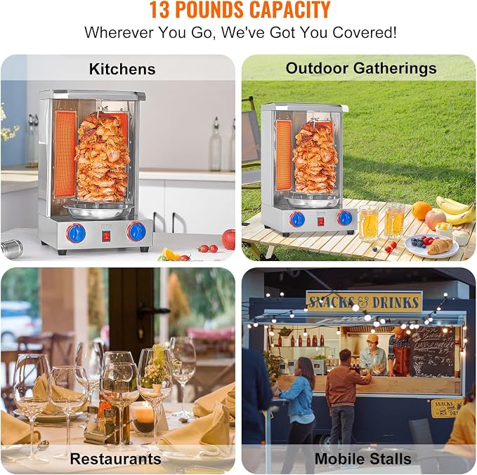 VEVOR Shawarma Grill Machine, 13 lbs Capacity, Chicken Shawarma Cooker Machine with 2 Burners, Gas Vertical Broiler Gyro Rotisserie Oven Doner Kebab Machine, for Home Restaurant Kitchen Parties