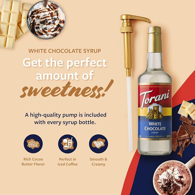 Torani Coffee Syrup, White Chocolate Flavored Syrup for Drinks, Glass Bottle 4-Pack, Pumps Included, 25.4 Fl Oz Ea
