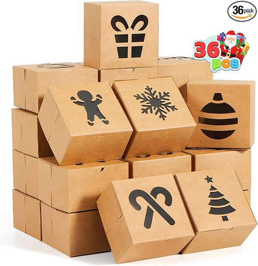 JOYIN 36 PCS Christmas Cookie Boxes for Gift Giving, Brown Bakery Treat Boxes with Window, 4" x 4" x 2.5" Gift Wrap Box for Xmas Holiday Party Favor Pastries, Cupcakes, Donuts, Brownies, Donuts