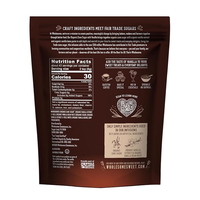 Wholesome Sweeteners 12-Ounce Organic Cane Sugar Infused with Organic Vanilla, Fair Trade, Non GMO,& Vegan, for Baking, Coffees, Teas, Cocktails, and More, 1 Pack