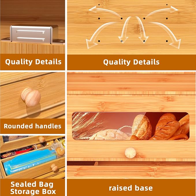 Bamboo Bread Box for Kitchen Countertop & Dining Room,Wooden Storage with Display Compartment & Built-in Bread Slicer,Eco-Friendly Organizer for Homemakers, Bakers & Bread Lovers ﻿