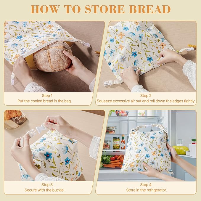Bread Bags for Homemade Bread, Reusable Beeswax Bread Bag, 2 Pack Beeswax Bread Bags for Sourdough, Natural Cotton Beeswax Bags, Large Capacity
