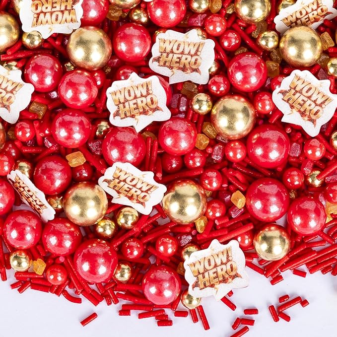 Edible Hero Sprinkles,Red Gold Pearls and Jimmies Sprinkle Mix Heroes Wafer Paper,130g,Movie Theme Cake Cupcake Cookie Donut Decorations for Birthday,Graduation,Father's Day,Hero Themed Party,Superhero Party Supplies