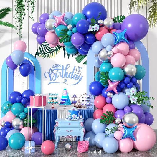 FunHot Blue Pink Purple Balloon Arch Garland Kit with Purple Metallic Silver Royal Blue Retro Pink 4-Point Star Foil Balloons for Baby Shower Wedding Tropical Theme Kids Birthday Party Decorations