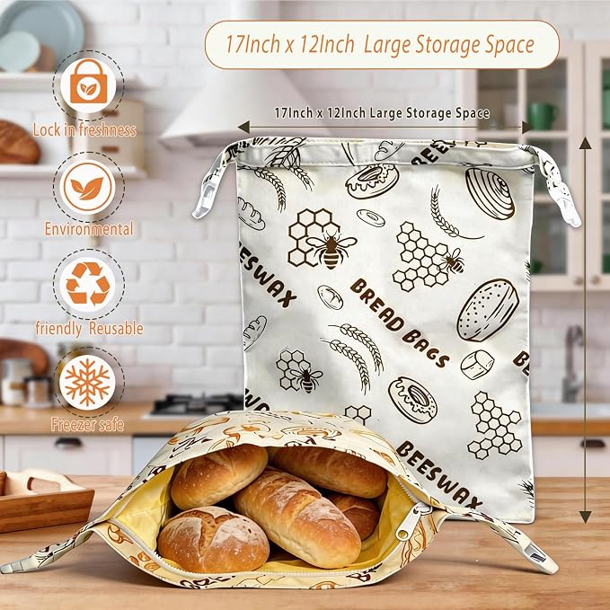 DBZ 2 Pack Beeswax Bread Bags, Reusable Bread Bags for Homemade Bread, 17 X 12 Inch Organic Linen Sourdough Bread Bags, Sustainable Food Storage Bags for Extended Freshness