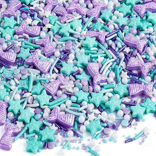 Pastel Mermaid Sprinkles, 4.6oz Edible Ocean Teal Purple Sprinkles Mixed Star Pearl Jimmies for Cakes Cupcakes Cookies Ice Cream