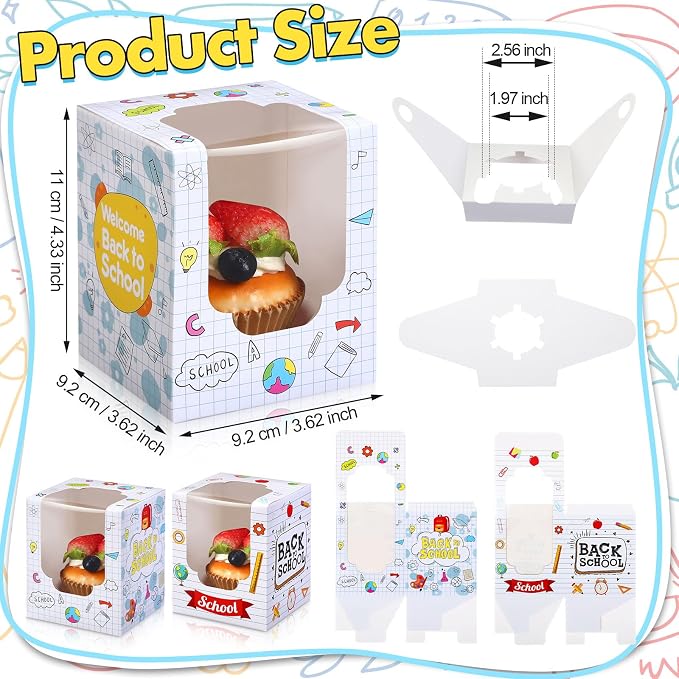 48 PCS Back to School Party Cupcake Boxes Individual with Window Inserts First Day of School Single Cupcake Containers Welcome Back to School Cake Treat Boxes for School Classroom Party Favor Supplies