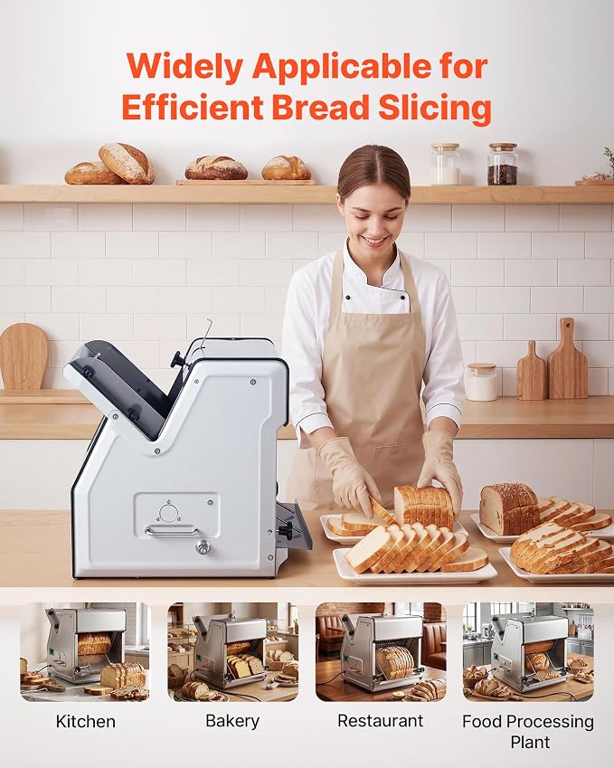 VEVOR Electric Bread Slicer, 370W 1680RPM Bread Slicing Machine, Stainless Steel Countertop Bread Cutter Machine for 12mm Slice Thickness, Commercial & Home Use for Bakeries Restaurants, 120V