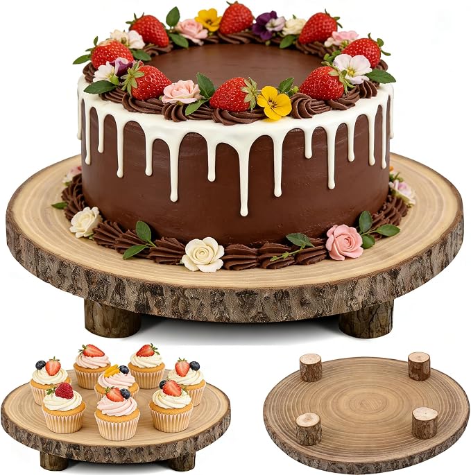 Wood Cake Stand with 4 Legs, 10-11 Inch Natural Rustic Wooden Slice Cupcake Stand for Wedding, Birthday & Baby Shower, Farmhouse Dessert Display, Woodland-Themed Party Decor