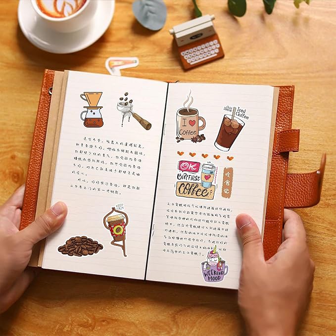 50 Pcs Coffee Stickers for Scrapbooking, Waterproof Vinyl Cafe Latte Espresso Aesthetic Stickers for Laptops Water Bottles Journals, Decorative Decals for Teens Students Adults