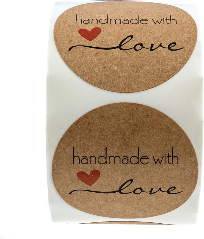 2" Round Natural Brown Kraft Handmade with Love Stickers/Roll of 500 Labels/Homemade Handmade DIY Project Labels/Made in The USA