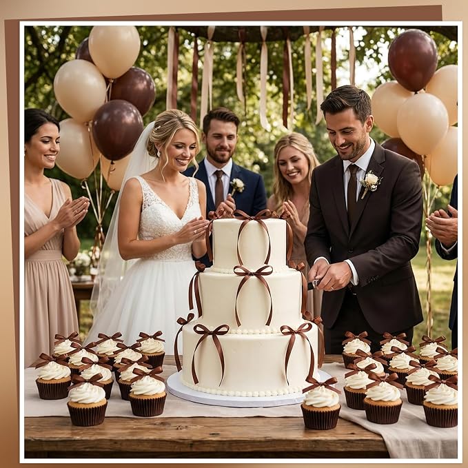 30 Pack Brown Bow Cake Toppers Ribbon Bows for Cake Bow Cupcake Toppers for Love is Brewing Bridal Shower, A Baby is Brewing Baby Shower, Wedding, Engagement, Birthday Party Decorations