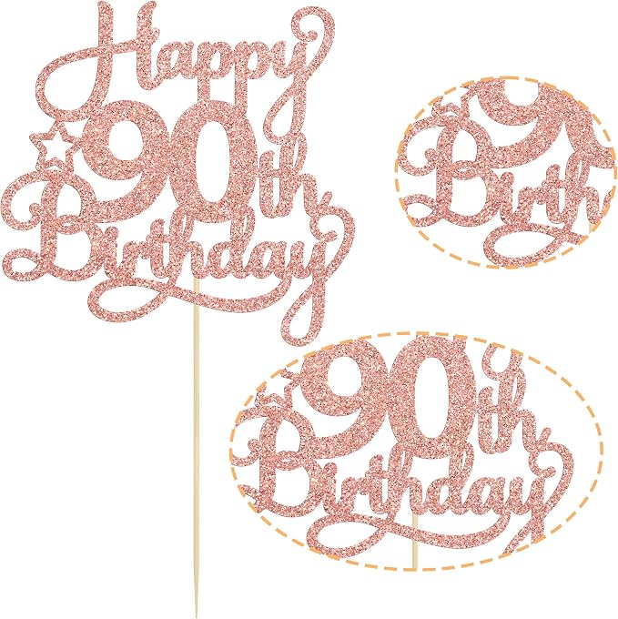 1 Pack Happy 90th Birthday Cake Topper Rose Gold Glitter 90 & Fabulous Cheers to 90 Years Old Birthday Cake Pick for Celebrating 90th Birthday Anniversary Party Cake Decorations Supplies