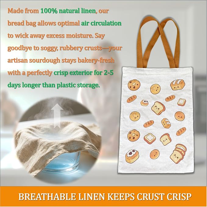 Linen Bread Bags for Homemade Sourdough Bread, Reusable 2-Pack XL 13x17 Inch Food-Safe Storage for Bakery Loaf, Breathable Fabric Keeps Bread Fresh Longer, No Plastic Lining Zipper Closure with Handle