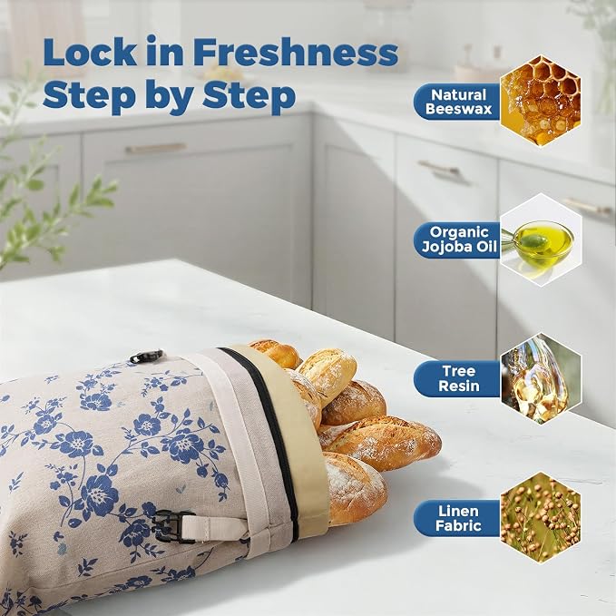 YARRAMATE Reusable Beeswax Bread Bags for Homemade Bread & Sourdough, 2 Pack XL 17x13in Linen Organic Bread Storage Bags with Zipper for Loaf, Baguette and Sandwich Bread, Freezer Safe, Blue Floral