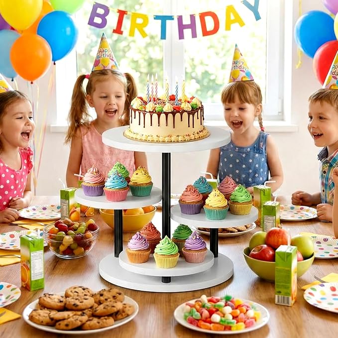 Dessert Stands for 50 Cupcakes 360°Rotating Wood Cupcake Stands Wedding Cake Stand 4 Tiered Cookie Serving Trays for Party Birthday Baby shower Afternoon Tea Dessert Table, White