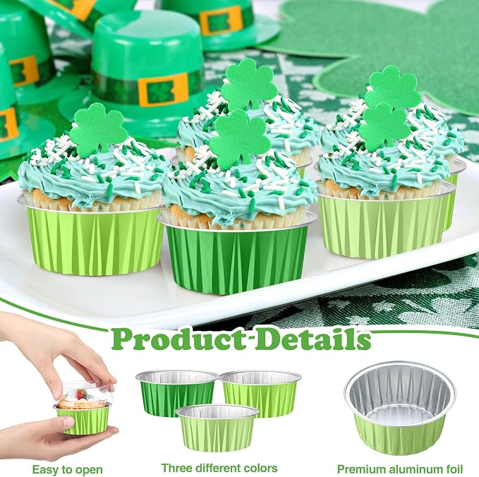 200 Pack Aluminum Foil Cupcake Liners with Lids, 5 oz Round Baking Cup, Disposable Ramekin Container for Graduation Wedding Independence Day Party(Green Set,Plain)