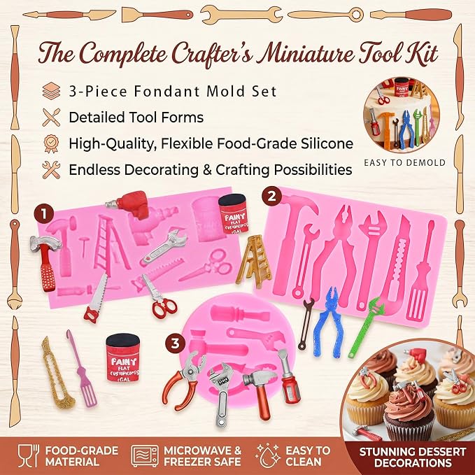 Hand Hardware Tools molds for chocolate, Fondant Molds, Mini Pliers Construction Tools Cake Decorating Silicone Molds (3 Pcs) for Cookies, Marzipan, Candy, Chewing Gum, Clay Resin, Soap