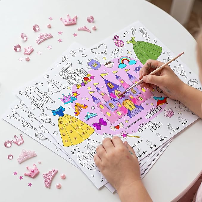 45pcs Princess Disposable Coloring Placemats Fairy Tale Crafts for Kids Birthday Party Favors Coloring Poster Castle Crown Unicorn Magic Tiara Activity Church Supplies Paper Table Mats
