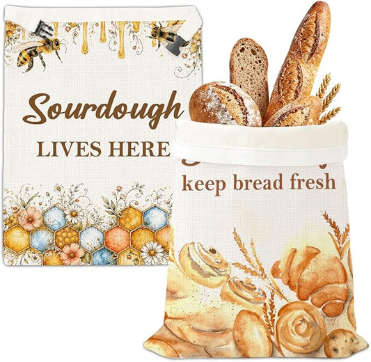 2 Pack Reusable Beeswax Bread Bags, Honey Theme Bread Bag for Sourdough, Natural Beeswax Storage Bag, Reusable Linen, Food Storage Cloth Bag with Buckle 13 * 17IN