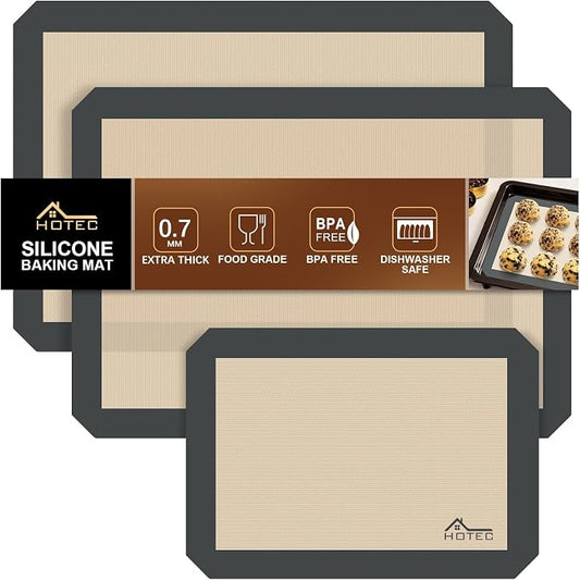 HOTEC Silicone Baking Mats 3 Pack – Thickened Non-Stick Reusable Silicone Baking Sheets for Oven – Cookie & Macaron Mats – 2 Half Sheet + 1 Quarter Sheet – BPA-Free, Dishwasher Safe