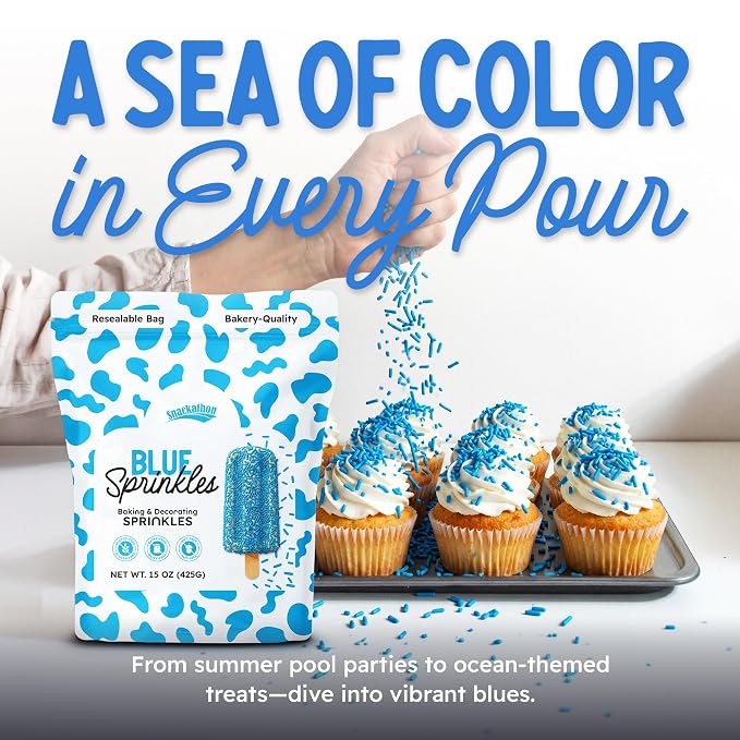 Snackathon Blue Sprinkles for Baking & Decorating, 15 oz Vibrant Blue Jimmies in Resealable Pouch – Gluten Free Sprinkles for Ice Cream Toppings, Cakes, Cupcakes & Desserts