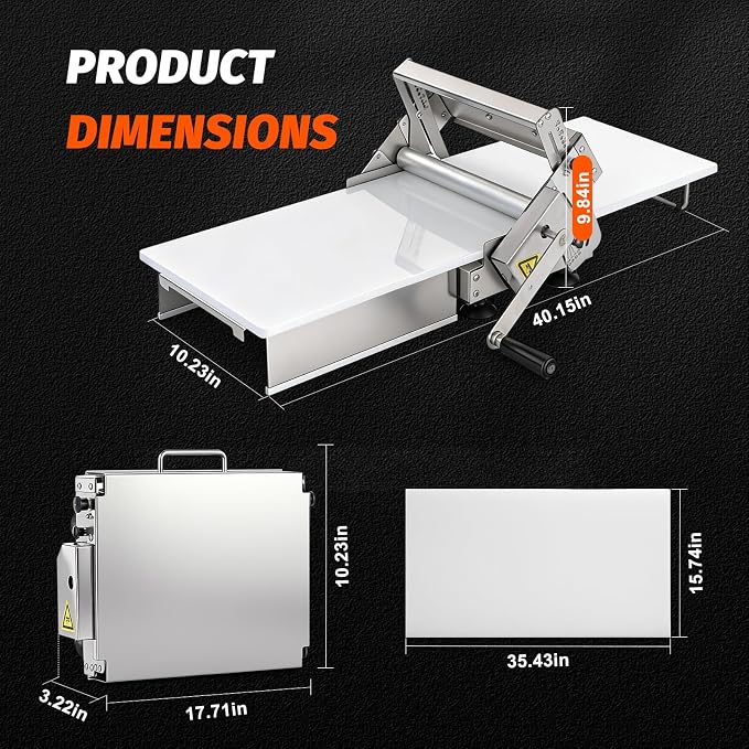 Folding Dough Sheeter Machine, 15.5" Dough Sheeter with 10 Adjustable Thickness Settings (0-17.5mm), Manual Stainless Steel Dough Roller for Home and Commercial Bakeries
