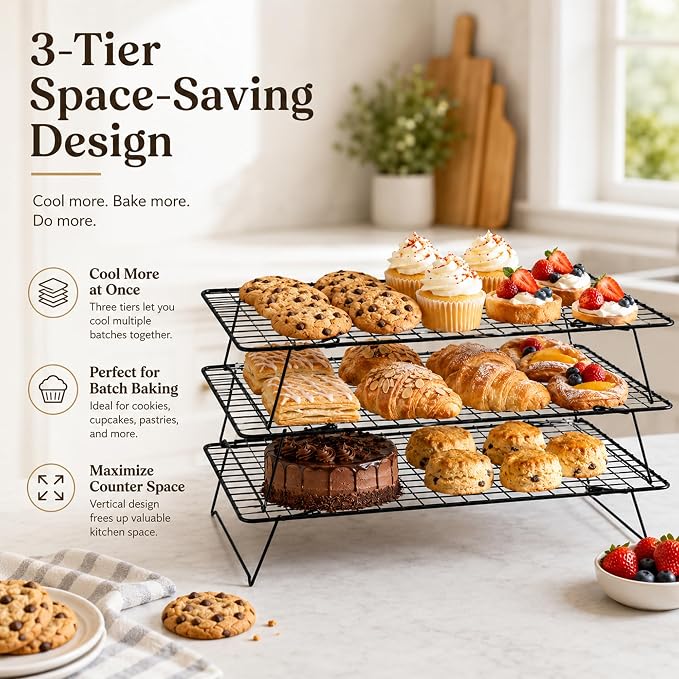 Cooling Rack, 3 Tier Stackable Cooling Racks for Cooking Baking Roasting, Multi-Level Collapsible Cookie Rack for Cakes, Oven Safe & Easy Clean (Black, 3-Tier)