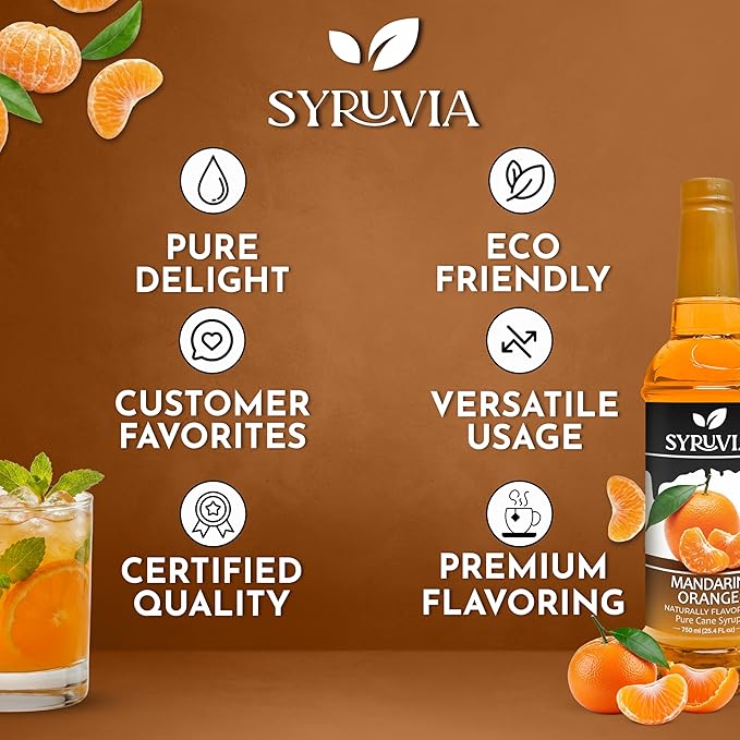 Syruvia Mandarin Orange Syrup, Naturally Flavored Syrup for Drinks, Lemonades, Iced Teas, and Desserts – 25.4 fl oz - with Pump