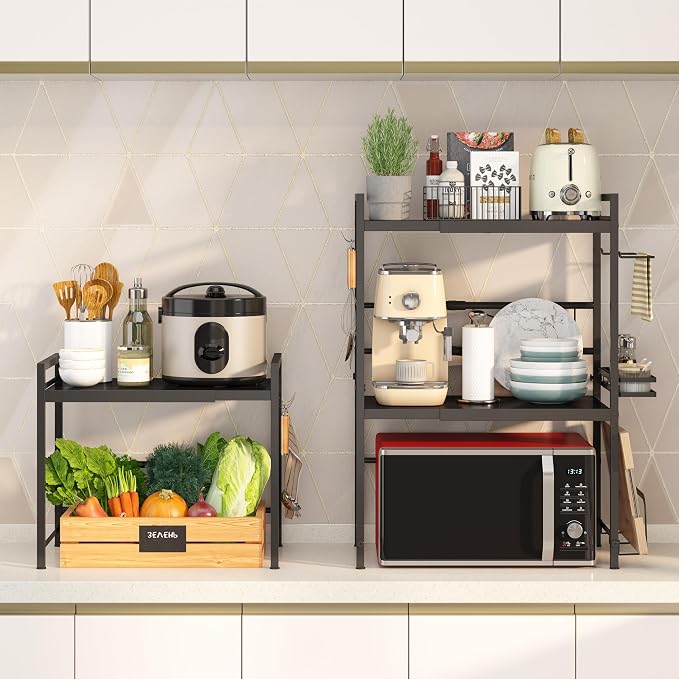 DOLALIKE Microwave Oven Rack, Expandable Microwave Stand Countertop Kitchen Utensils Tableware Storage, Carbon Steel Over Microwave Shelf Countertop with 3 Hooks