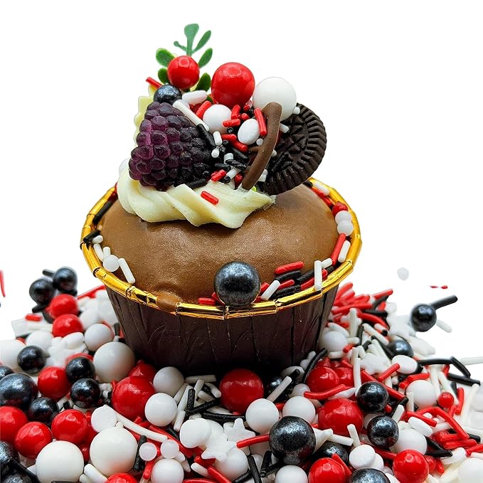 SE Si&Moos Red White and Black Sprinkles 3 OZ Black White and Red Edible Pearls for Cake Decorating Edible Pearls and Sequins Sprinkles Mix for Baby Shower Halloween Christmas Cookie Decorations