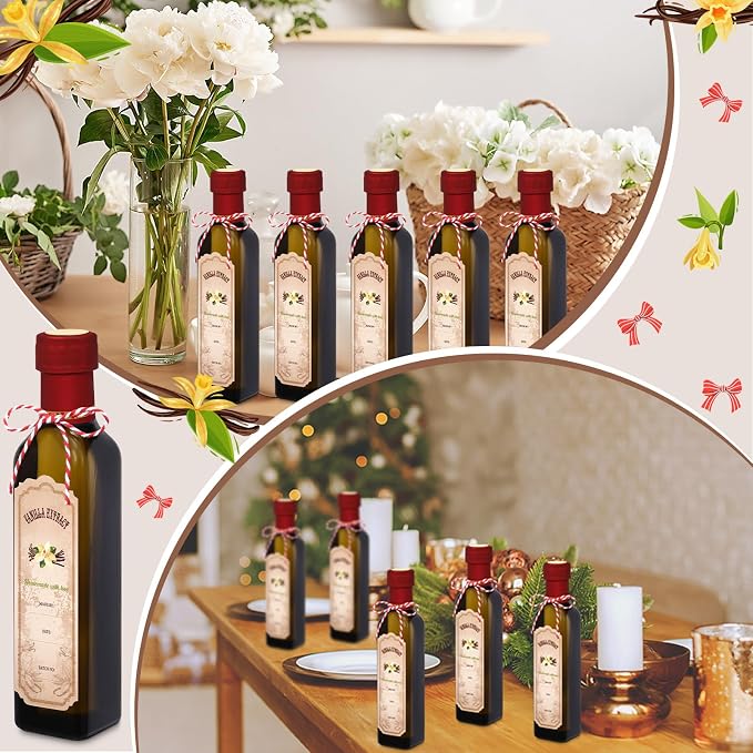 Tioncy 12 Pcs 8.5 oz Vanilla Extract Bottles for Homemade Vanilla Jar Amber Glass Square Bottle with Cap Shrink Band Sticker Syrup Food Storage Canister for Liquid Bean Sauce Spice Gift Giving(Red)