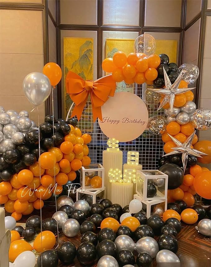 Orange Black and Metallic Silver Balloons Garland Arch Kit, 146 Pcs Latex Balloons with Confetti for Birthday Party Graduation Father's Day Anniversary Bachelorette Party Decoration