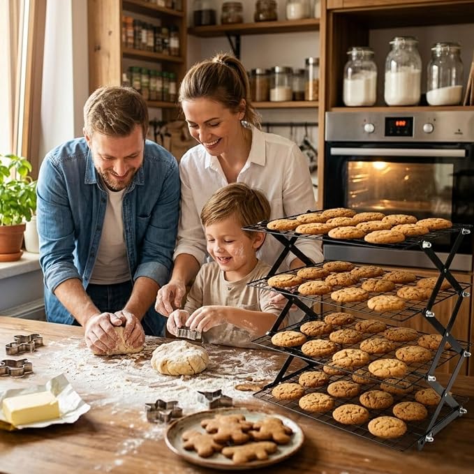 4 Tier Collapsible Cooling Rack, 3 Setting Design - Adjustable Stackable Cooling Racks for Cooking and Baking, Non-Stick Wire Rack with 20pcs Parchment Paper for Baking Cookies, Cakes, Bread, Pizza