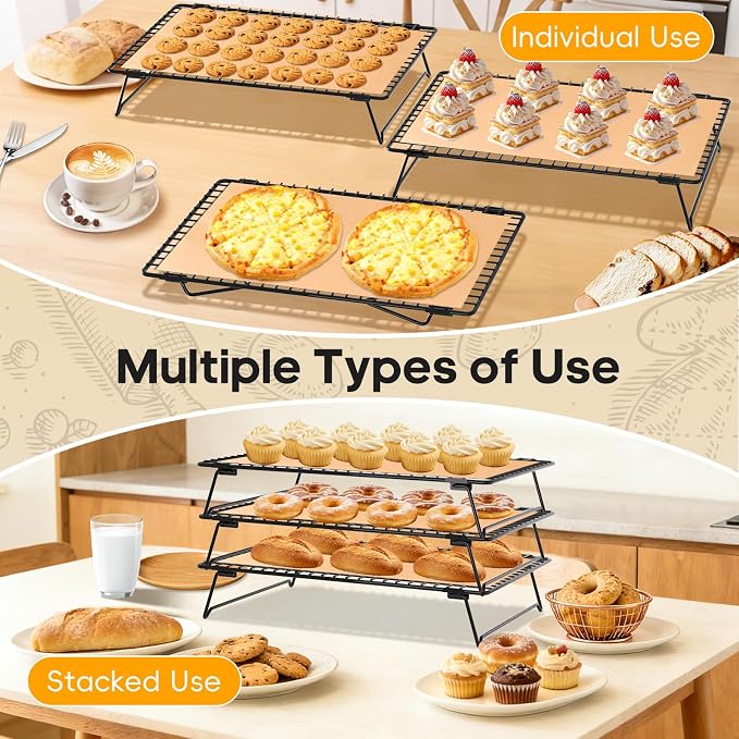 3 Layer Detachable Collapsible Cooling Racks, 13 x 9 Inch Cooling Wire Rack Stackable Drying Rack Cookie Rack Bread Cooling Rack with Pastry Brush & 50 Parchment Paper Sheets