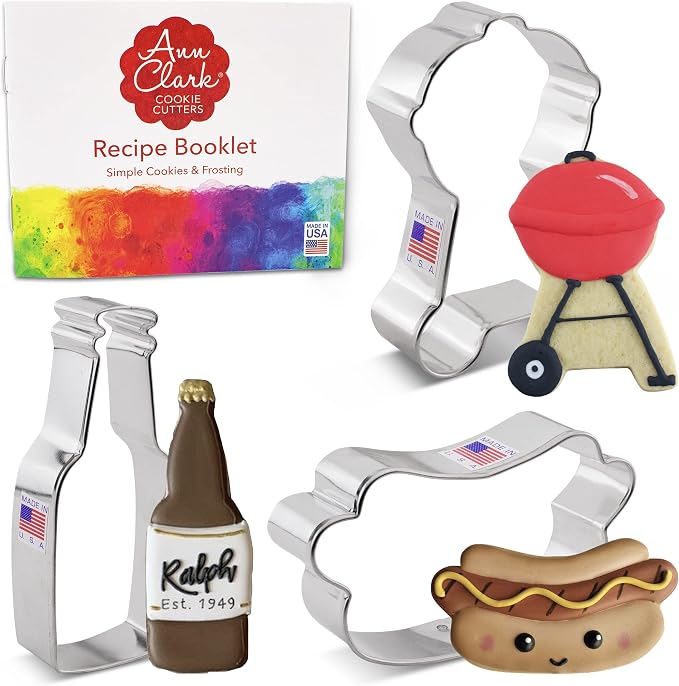 Ann Clark 3-Pc. Father’s Day BBQ Cookie Cutter Set, Made in USA, BBQ Grill, Beer/Soda Bottle, Hot Dog