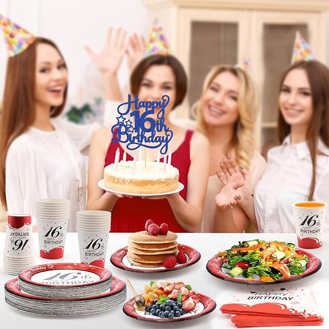 1 Pack Happy 16th Birthday Cake Topper Glitter Sweet 16 Cake Pick Birthday 16th Birthday Cake Decorations for Children 16th Theme Party Supplies Blue